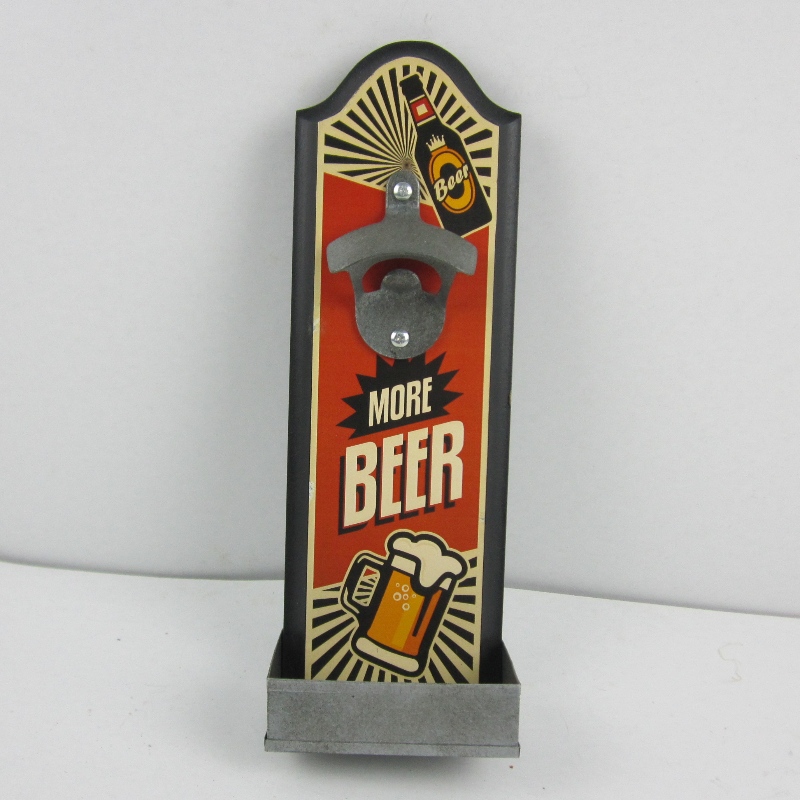 Wall Mounted Wood Plaque Beer Bottle Opener with Cap Catcher